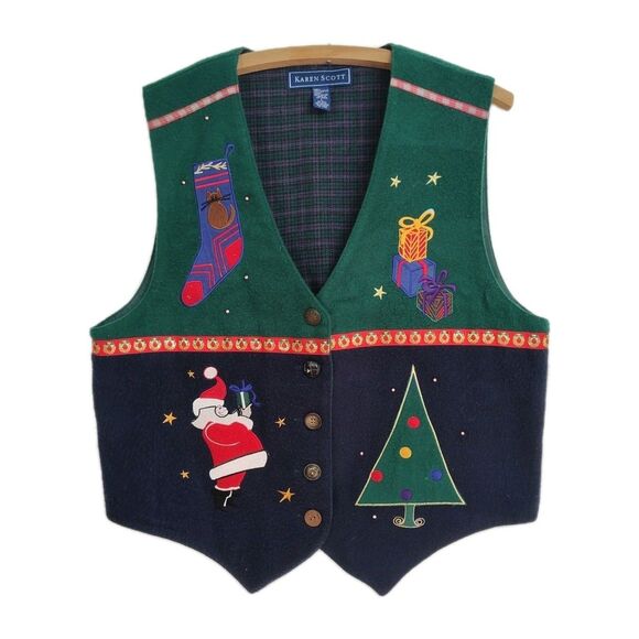VTG Karen Scott Christmas Sweater Vest Women's L Green Embroidered Beaded - Picture 1 of 7
